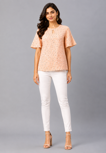 Women's Peach Floral Print Keyhole Neck Top | Casual Office Wear Top