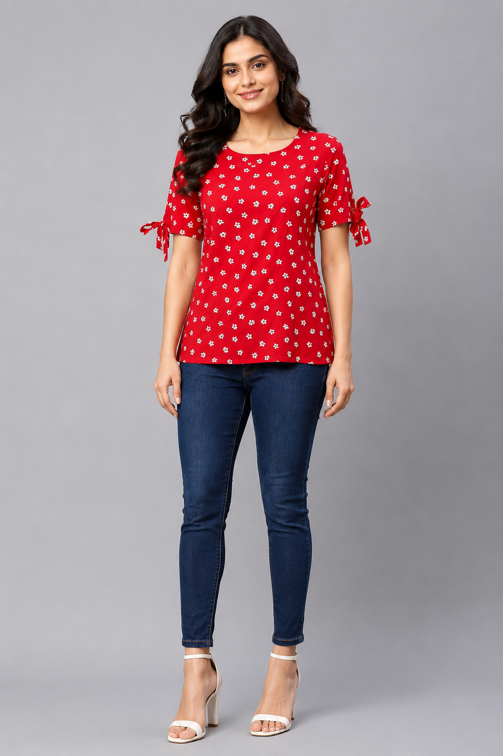 Women's red floral print tie sleeve top