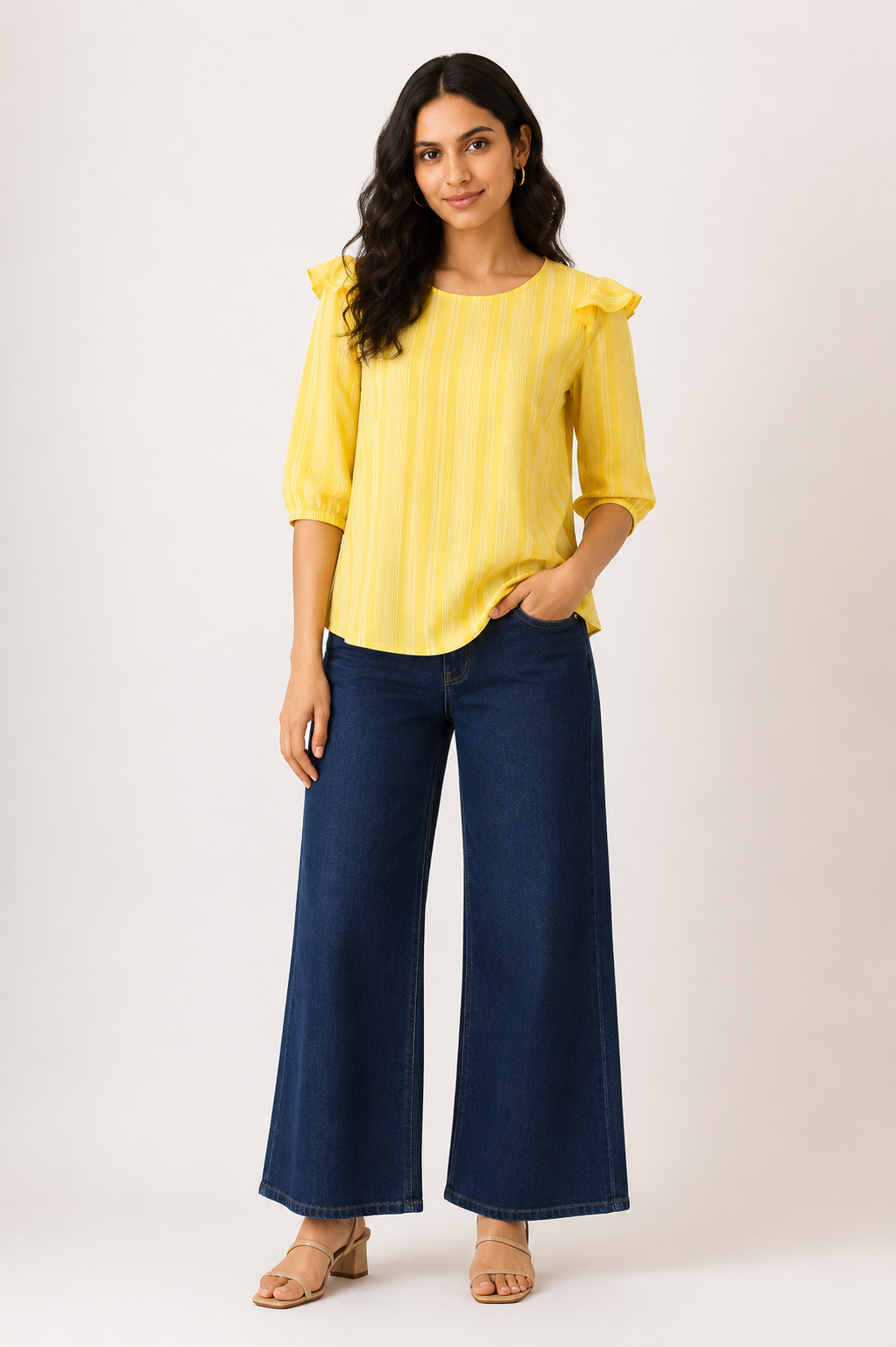 Women's yellow striped ruffle sleeve top