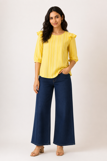 Women's Yellow Striped Ruffle Sleeve Top | Casual Wear Top