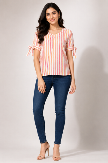 Women's Multicolor Vertical Stripe Tie Sleeve Top | Casual V-Neck Top