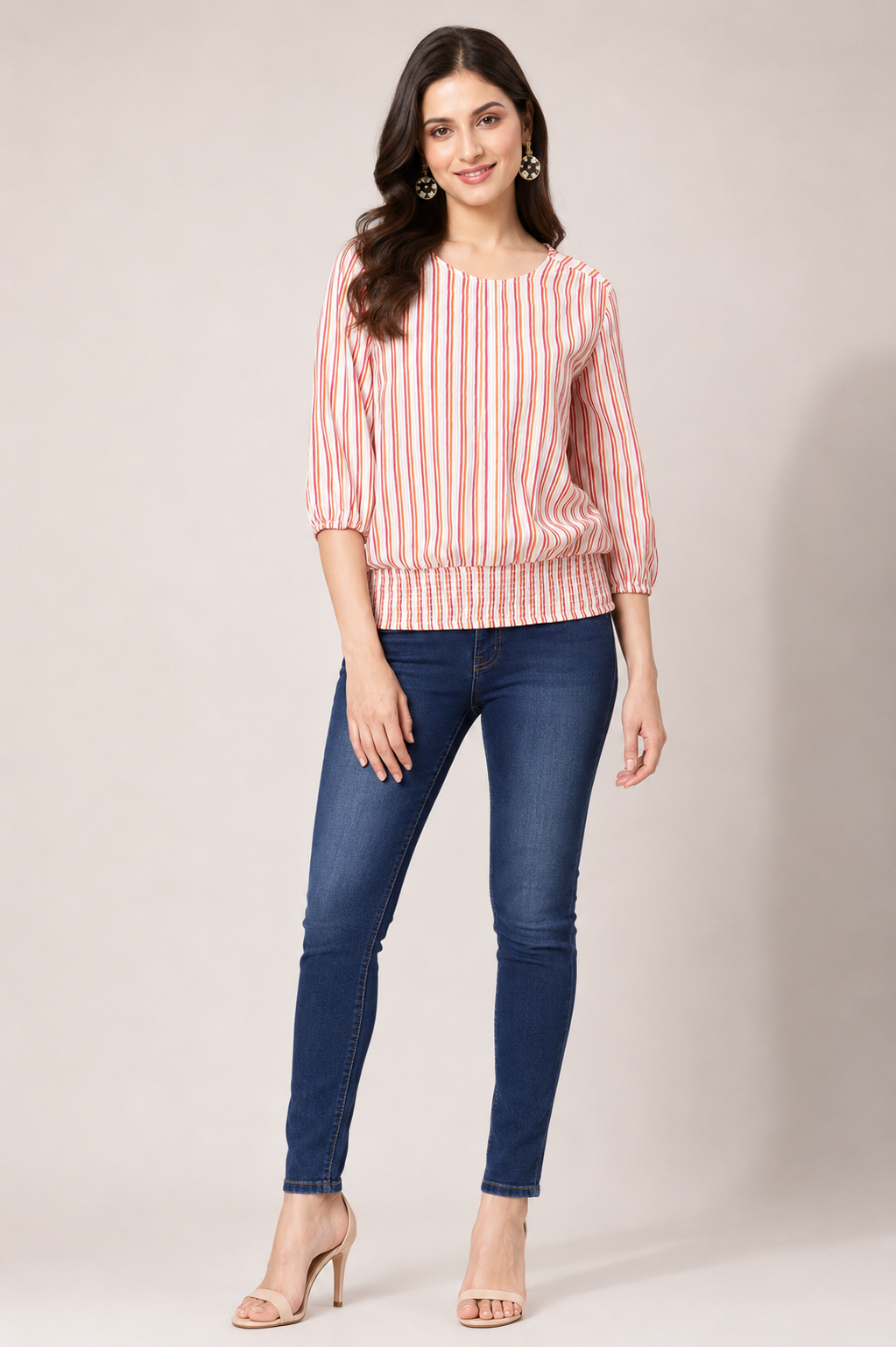 Women's multicolor vertical stripe smocked hem top
