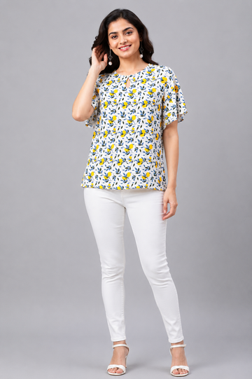 Women's White Floral Print Flutter Sleeve Top | Casual Everyday Wear