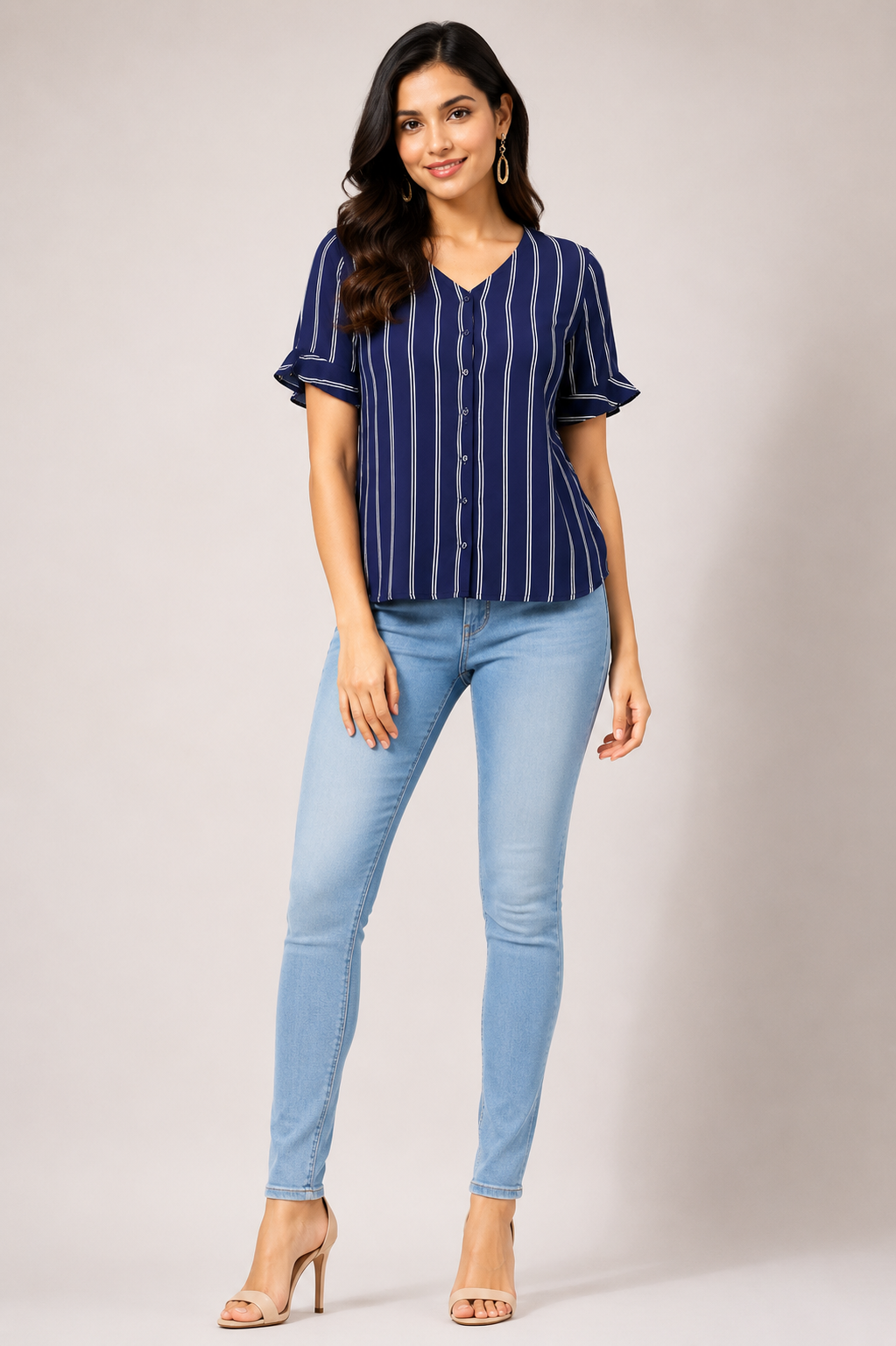 Women's navy blue vertical stripe V-neck button front top