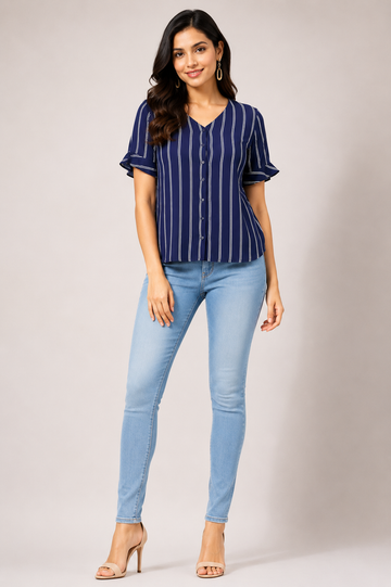 Women's Navy Blue Vertical Stripe V-Neck Button Front Top | Casual Office Wear