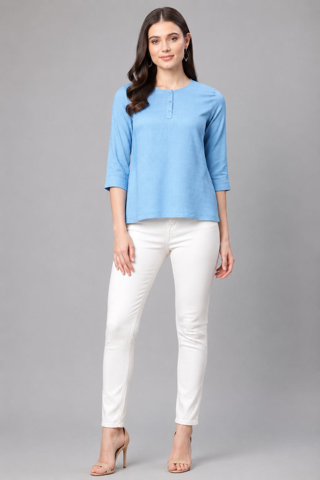 Women's sky blue solid Henley neck casual top