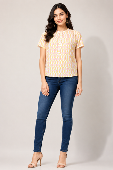 Women's Pastel Geometric Print Short Sleeve Top | Casual Office Wear