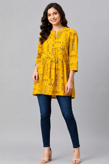 Women's Mustard Yellow Printed Empire Waist Tunic Top | Casual Wear