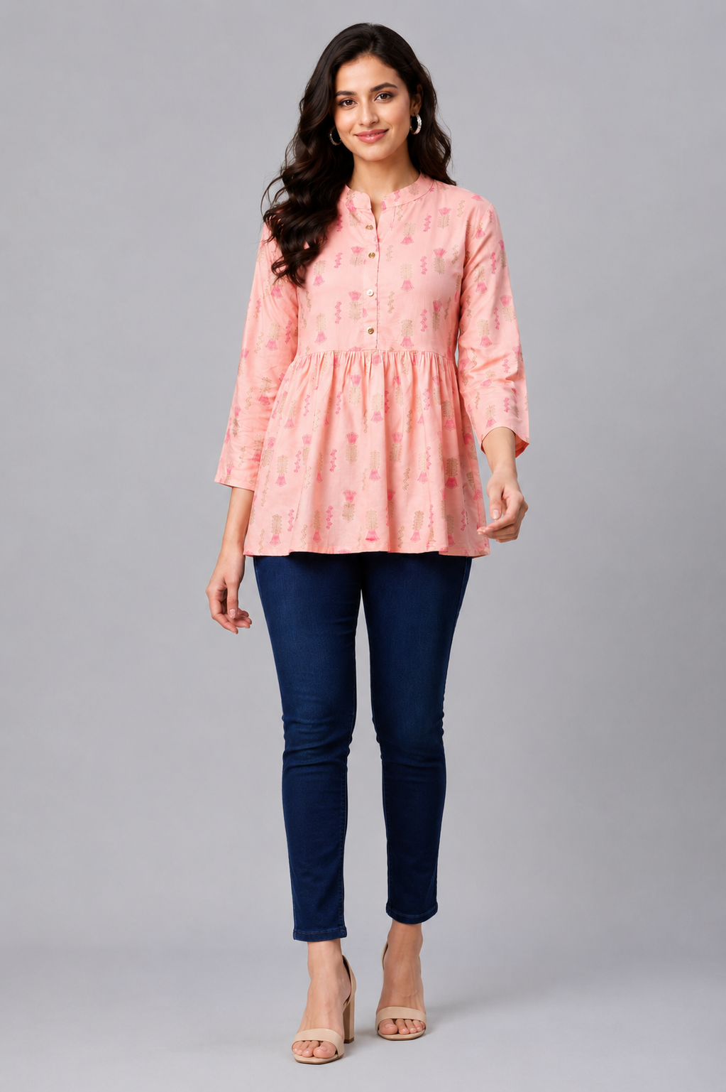 Women's peach pink printed peplum tunic top