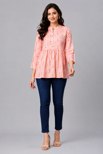Women’s Peach Pink Printed Peplum Tunic Top | Casual Office Wear