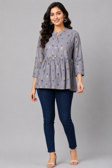 Women’s Grey Printed Peplum Tunic Top | Casual Office Wear
