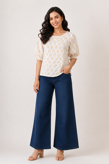 Women's Ivory Floral Puff Sleeve Top | Casual Wear Top