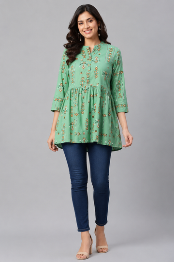 Women’s Mint Green Printed Empire Waist Tunic Top | Casual Office Wear