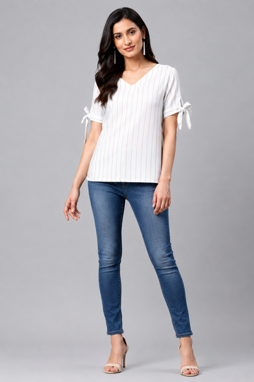 Women’s White Vertical Stripe Tie-Sleeve V-Neck Top | Casual Office Wear