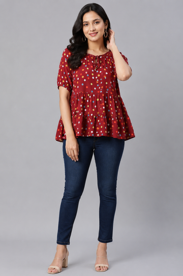 Women’s Maroon Multicolour Polka Dot Tiered Peplum Top