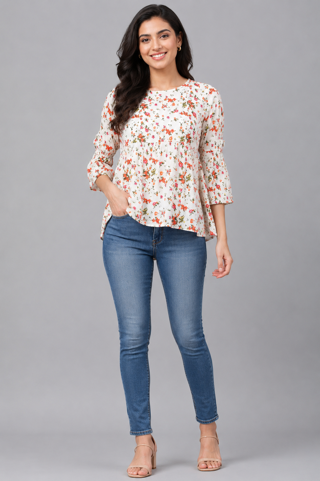 Women's off-white floral print peplum top