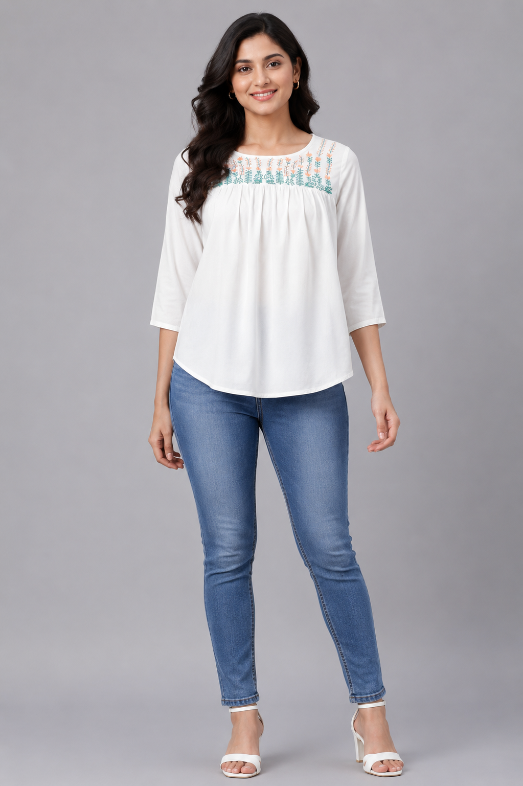 Women's white embroidered yoke gathered top