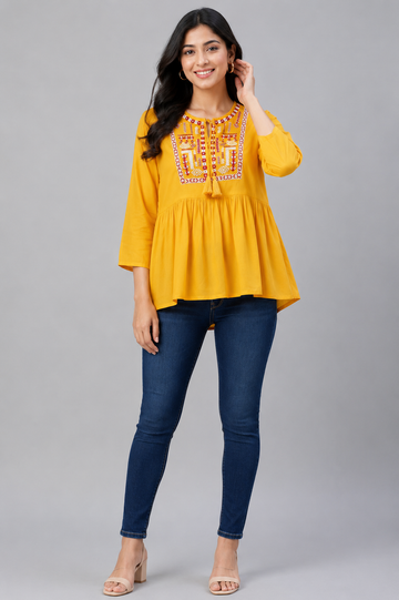Women’s Mustard Embroidered Yoke Gathered Peplum Top | Casual Ethnic Wear