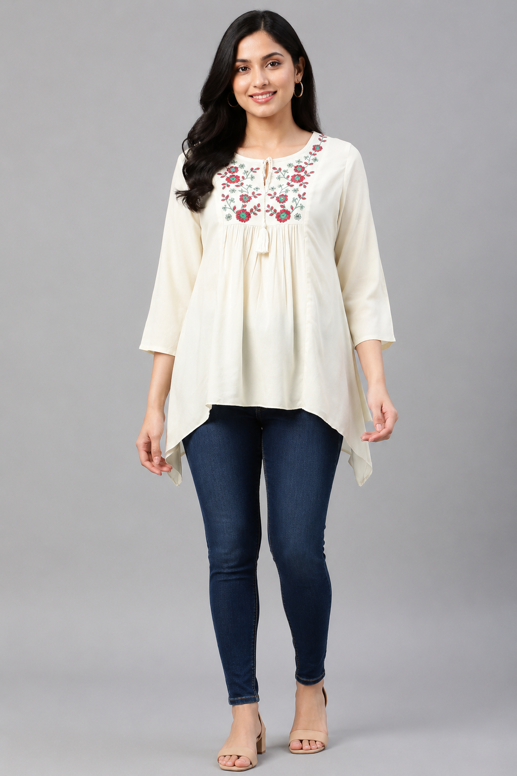 Women's off-white floral embroidered handkerchief hem top