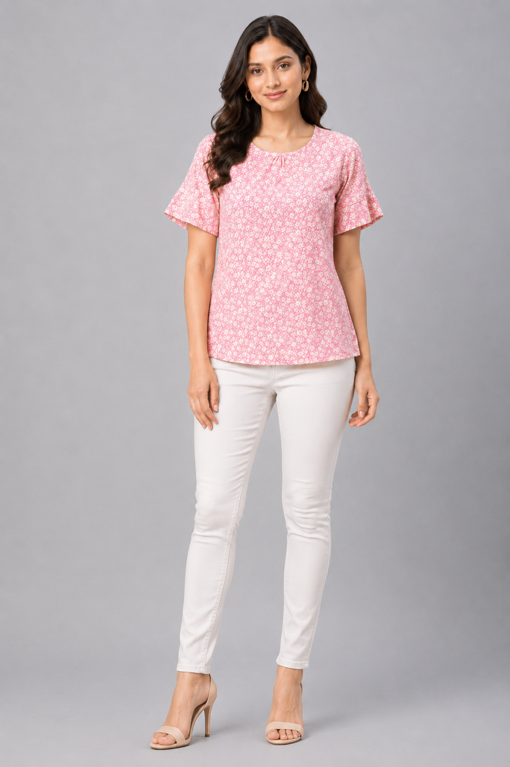 Women's pink floral print flutter sleeve top