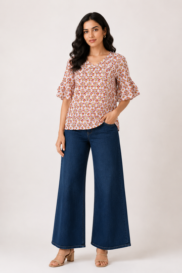 Women's Orange Geometric Bell Sleeve Top | Casual Printed Top
