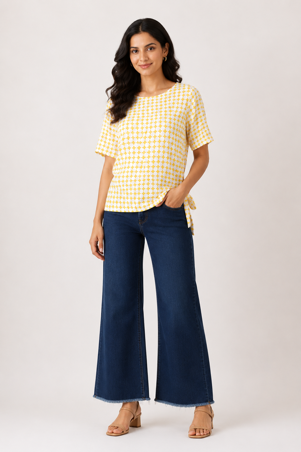 Women's yellow geometric side tie top