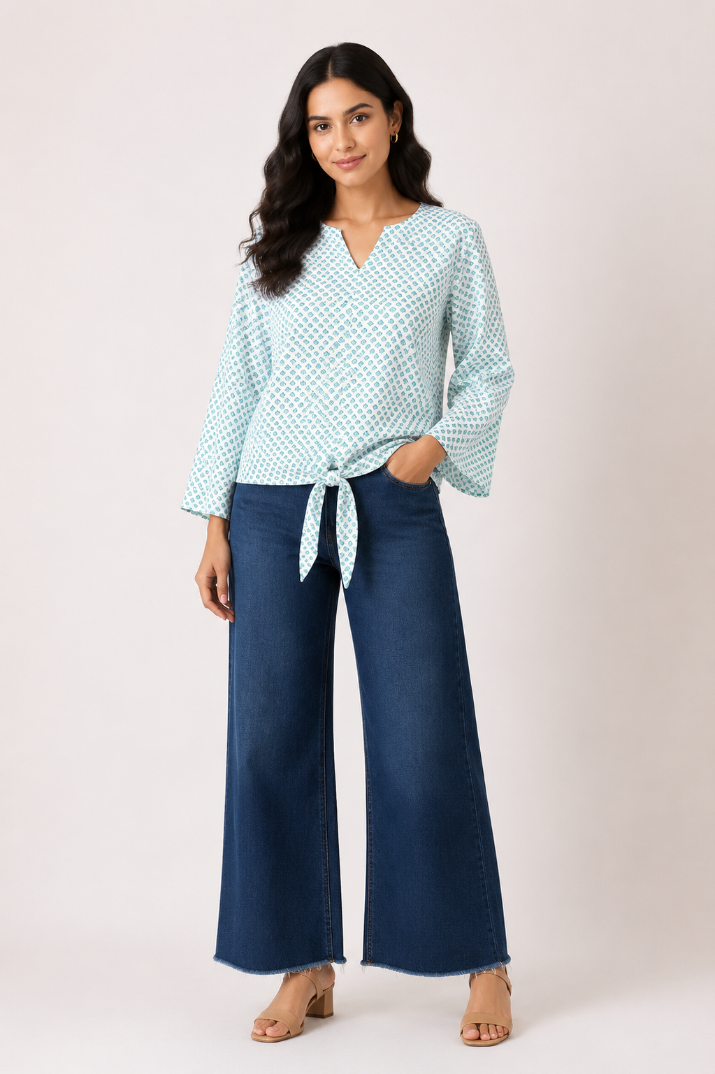 Women's aqua blue front tie printed top