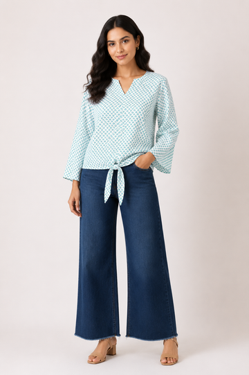 Women's Aqua Blue Front Tie Top | Casual Printed Top