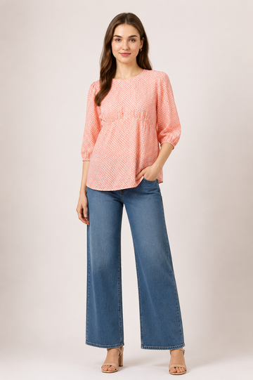 Women's Coral Abstract Puff Sleeve Top | Casual Printed Top