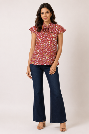 Women's Maroon Floral Tie Neck Top | Casual Office Wear Top