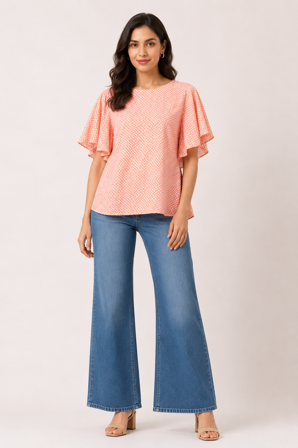 Women's coral abstract flutter sleeve top