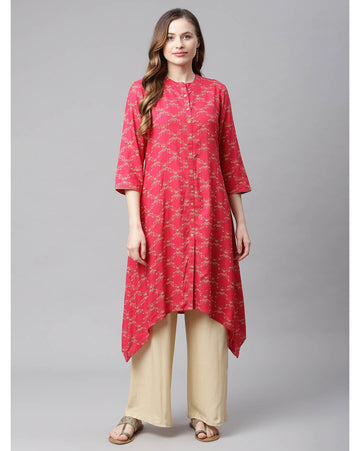 Red Printed High-Low Kurta for Women