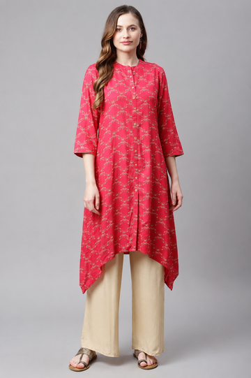 Red Printed High-Low Kurta for Women