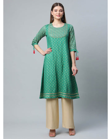 Green Jacquard Printed A-Line Kurti for Women