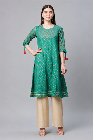 Green Jacquard Printed A-Line Kurti for Women