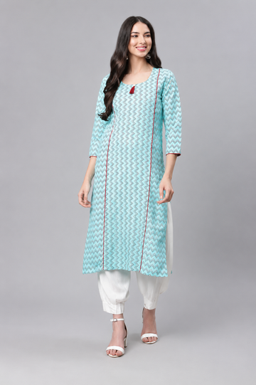 Sky Blue Printed Straight Kurti for Women