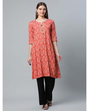 Coral floral printed A-line kurti for women