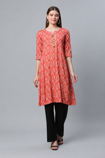 Coral Floral Printed A-Line Kurti for Women