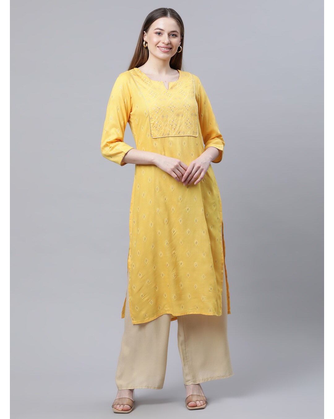 Mustard embroidered straight kurti for women