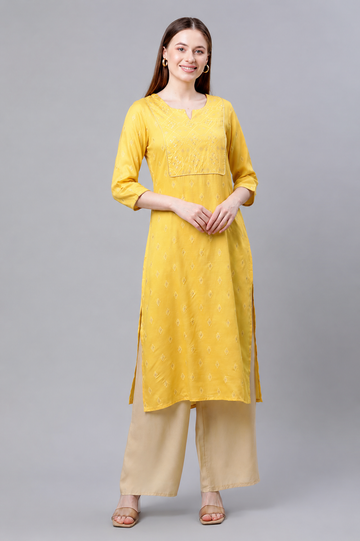 Mustard Embroidered Straight Kurti for Women