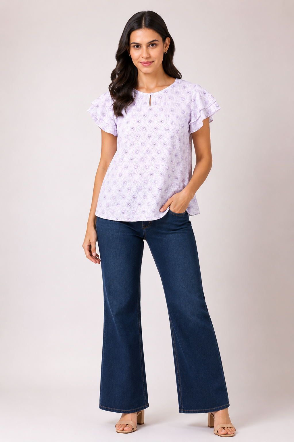 Women's lavender flutter sleeve printed top