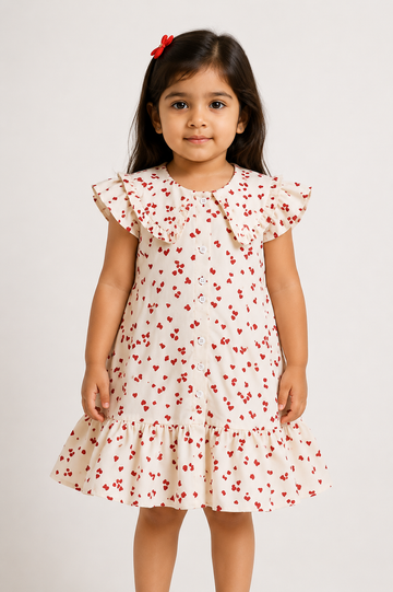 Adorable Cream Sleeveless Shirt Dress for Girls with Red Heart Print and Ruffle Hem