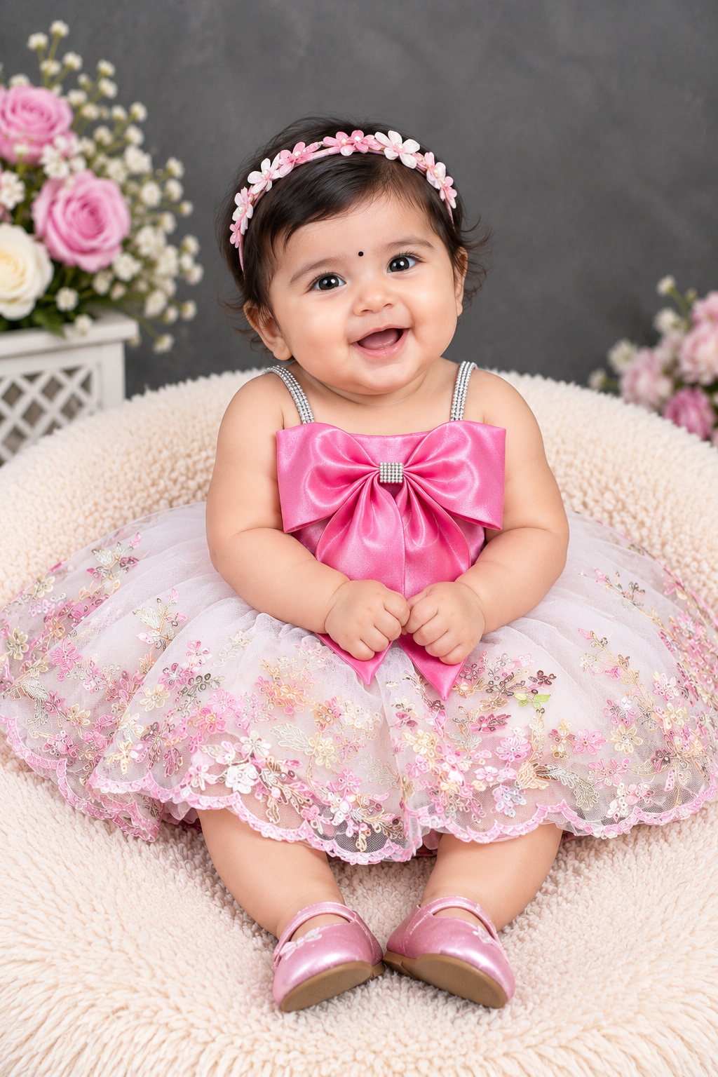 Girls white party dress with pink floral embroidery and bow, matching hat and shoes