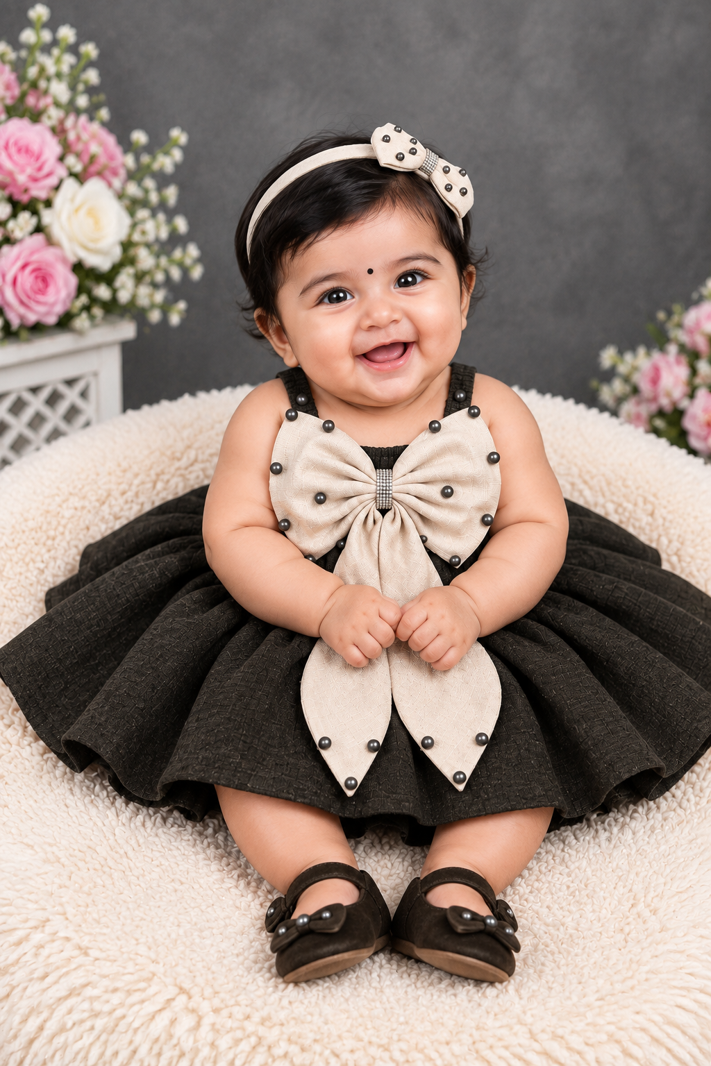 Girls dark green party dress with champagne oversized bow, matching hat and shoes