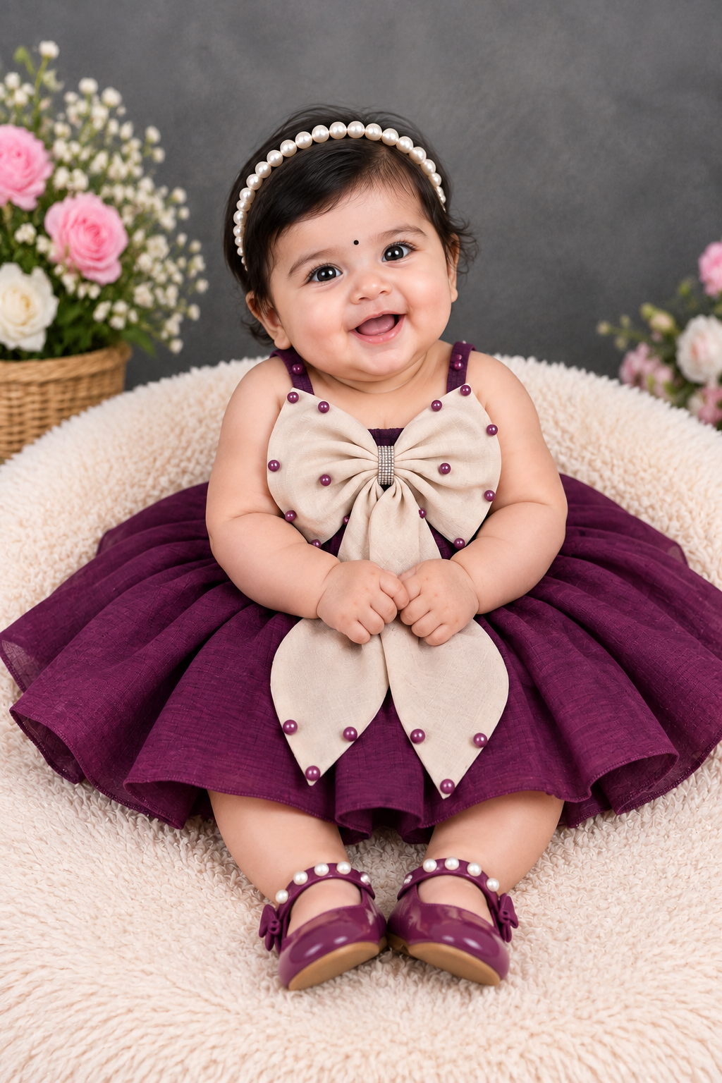 Girls plum purple party dress with cream oversized bow, matching hat and shoes