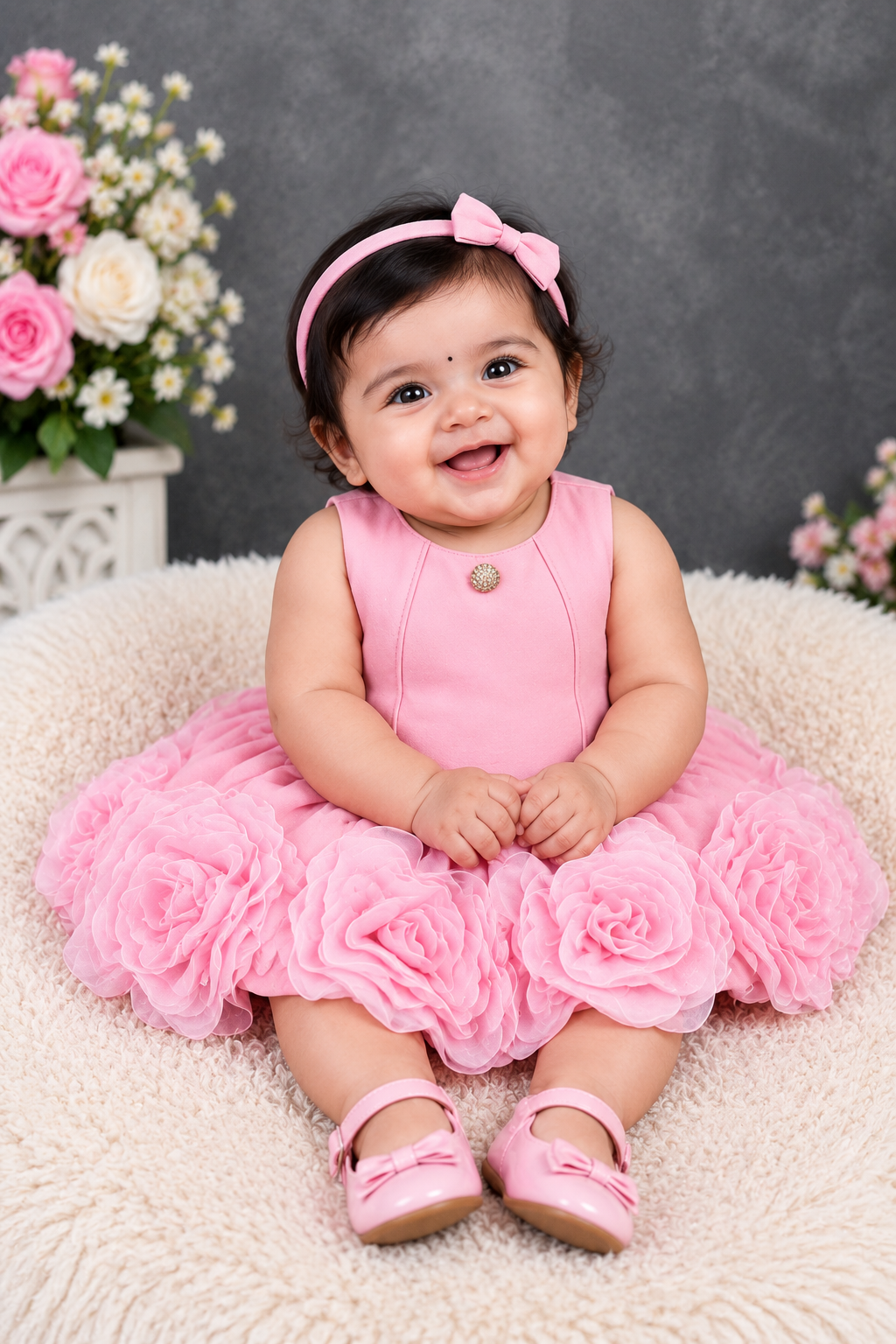 Girls blush pink sleeveless dress with ruffle hem, matching hat and shoes