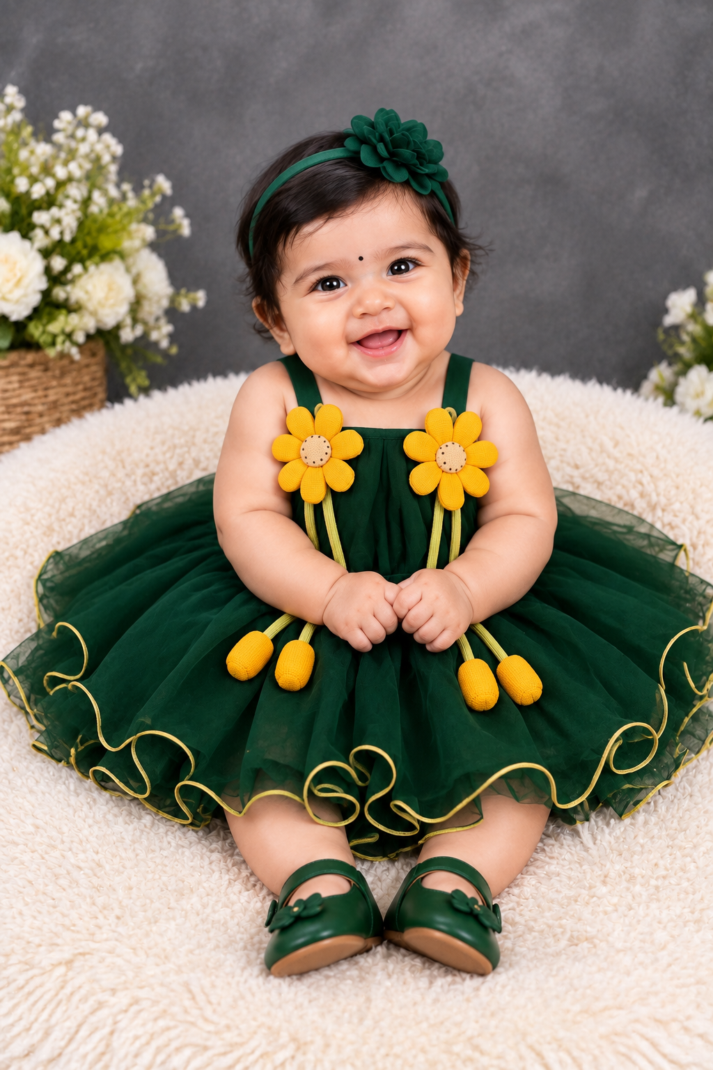 Girls forest green tulle dress with yellow daisy appliqués, matching hat and shoes