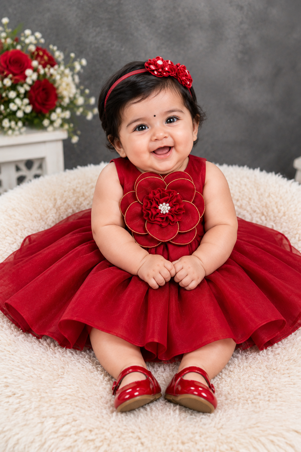 Girls red party dress with 3D floral bodice, matching hat and shoes