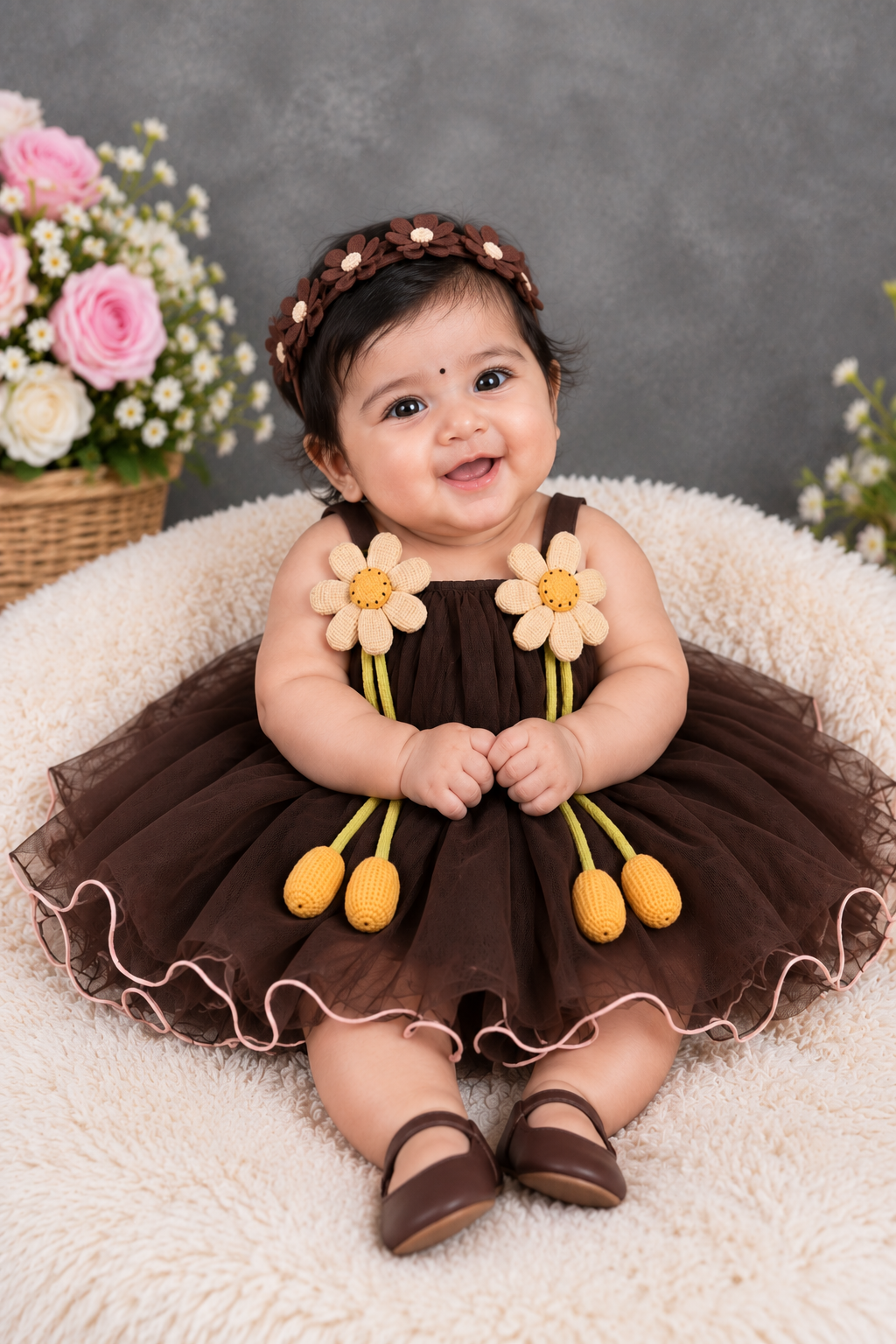 Girls chocolate brown tulle dress with daisy appliqués, matching hat and shoes