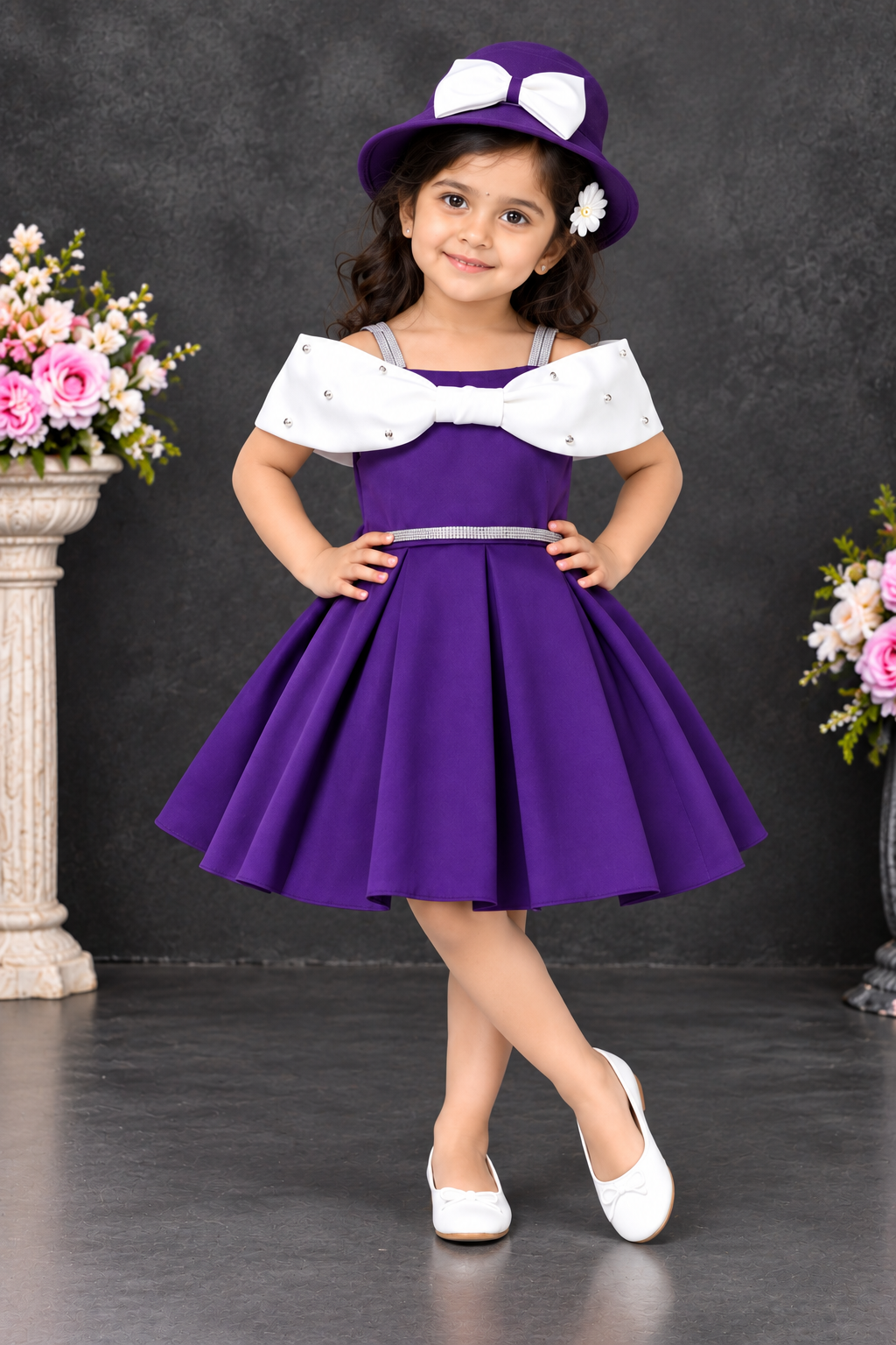 Royal purple girls birthday party dress with white off-shoulder bow and pleated skirt